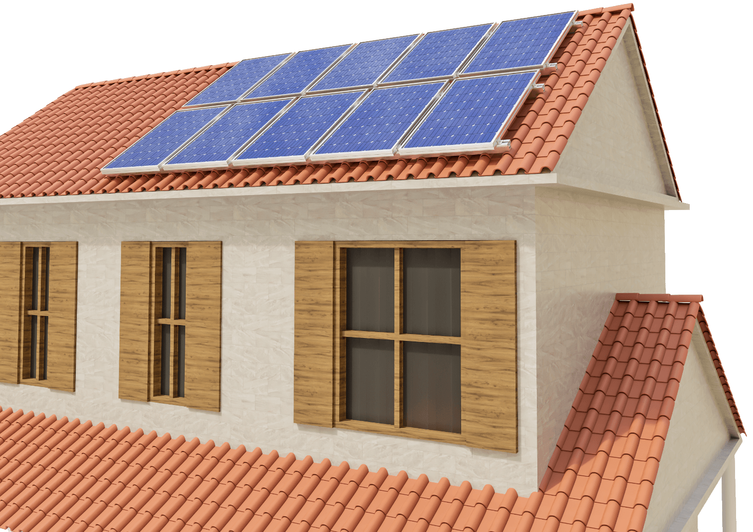 A house with rooftop solar panels installed on its terracotta-tiled roof
